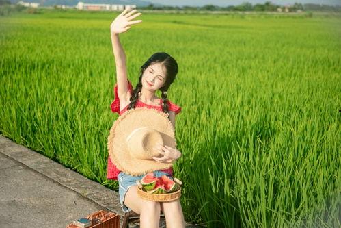 稻田吃瓜女孩壁纸,青春女孩的田园诗意